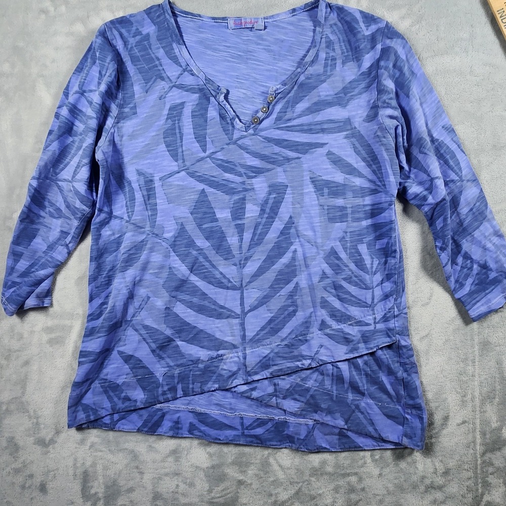 Fresh Produce Shirt Womens Medium Blue Palm‎ Leaf Henley 3/4 Sleeve Cotton USA